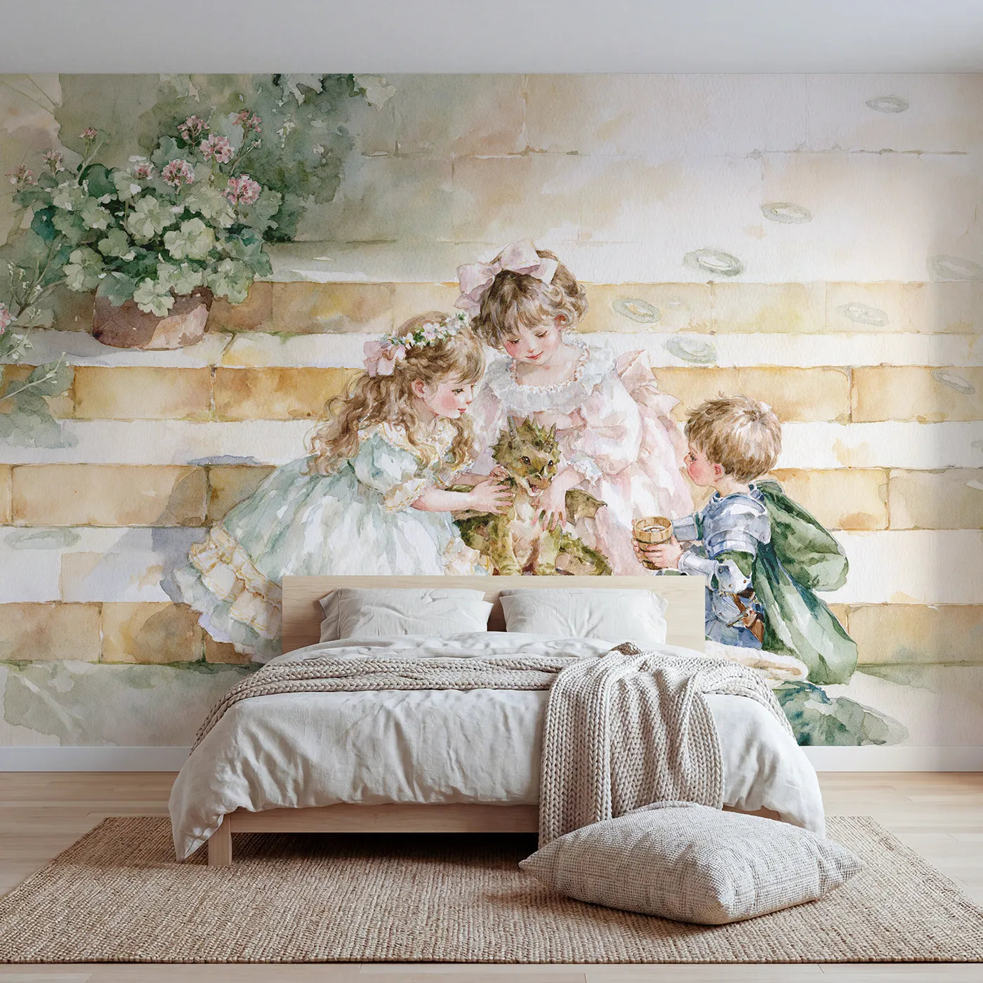 Watercolor princess patting a hiccuping little dragon, mural for a nursery by Whimsy Tots