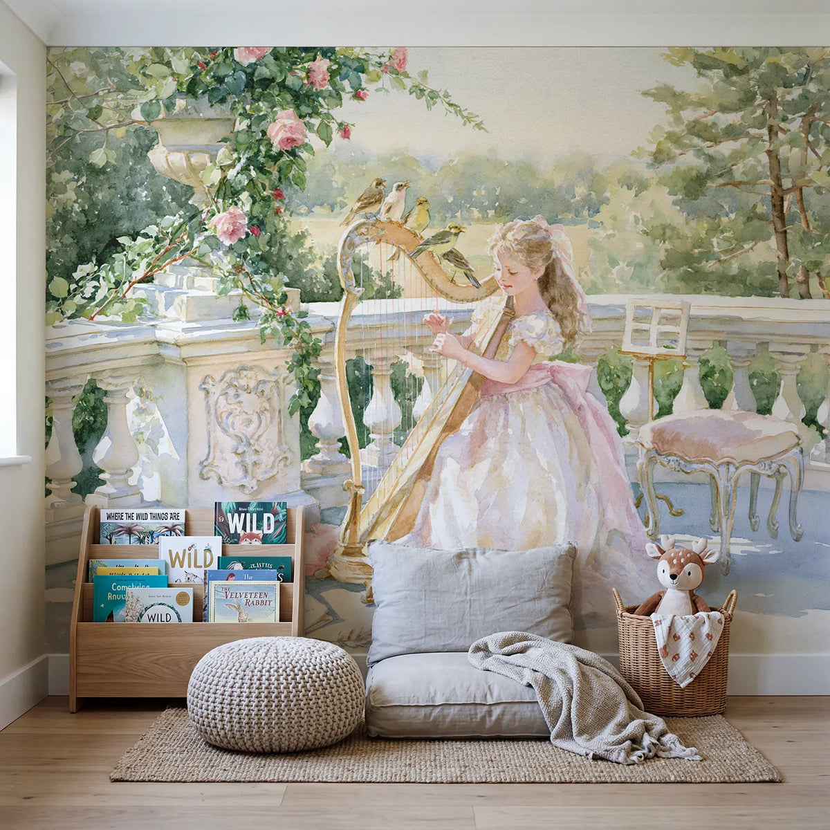 Royal Harp Morning Wallpaper Mural in playroom setting by Whimsy Tots