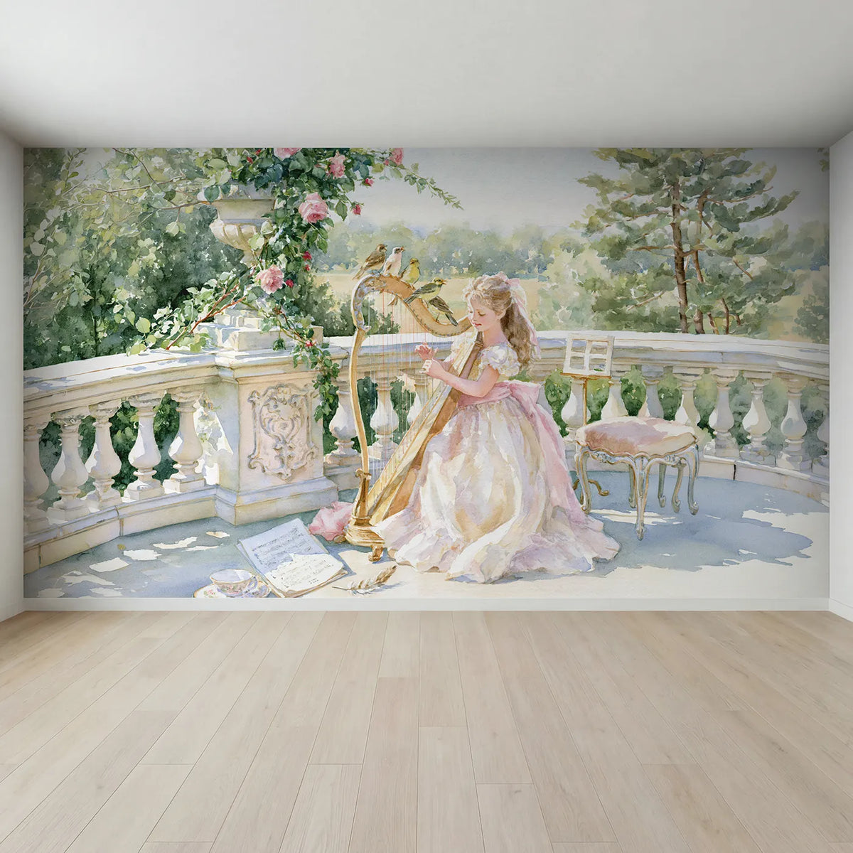 Full view of Royal Harp Morning Wallpaper Mural by Whimsy Tots