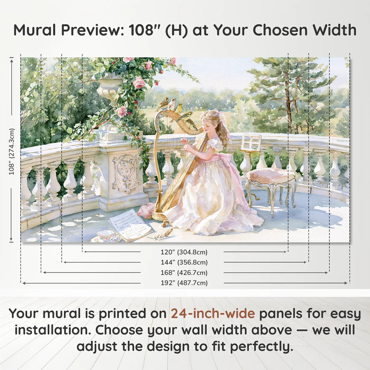 Panel layout and dimensions for Royal Harp Morning Wallpaper Mural by Whimsy Tots