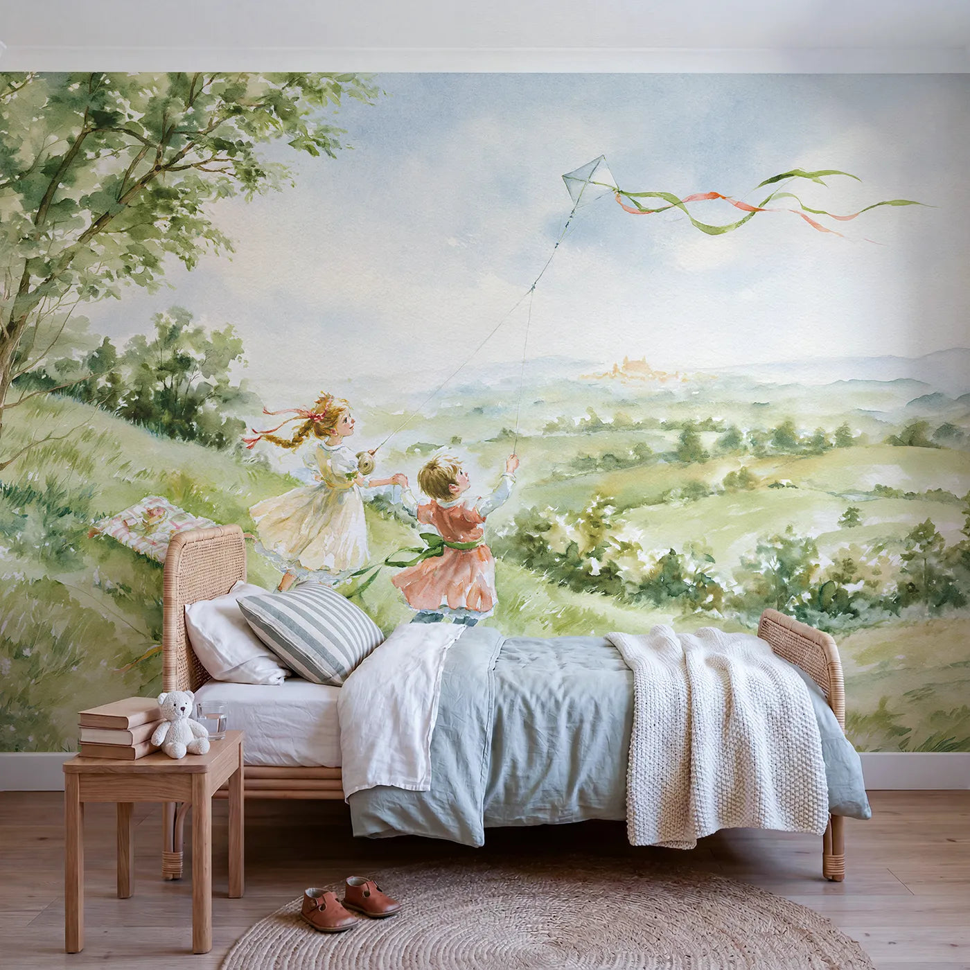 Watercolor children flying a dragon-tailed kite, mural for a playroom by Whimsy Tots