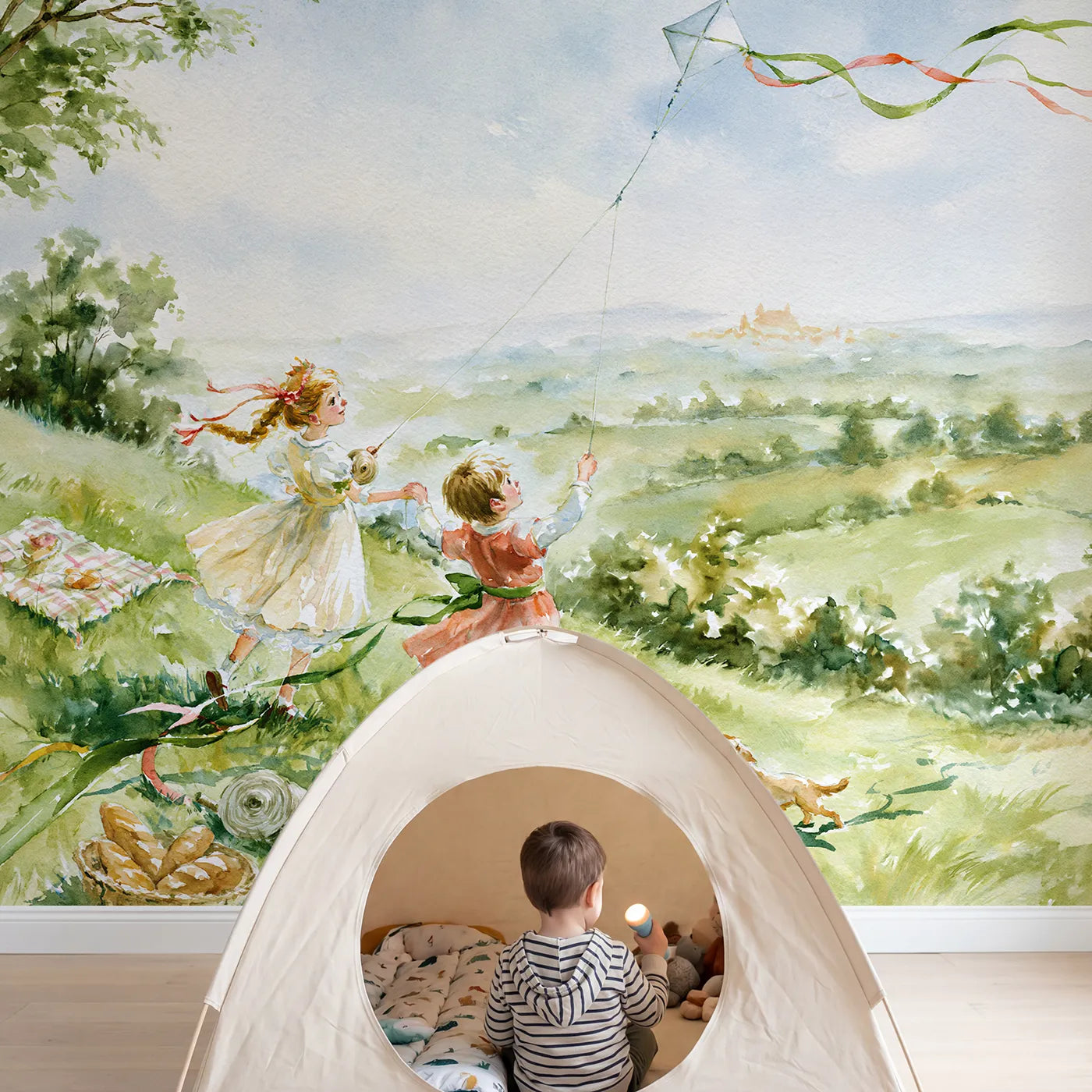 Child in nursery with Castle Kite Day Wallpaper Mural by Whimsy Tots