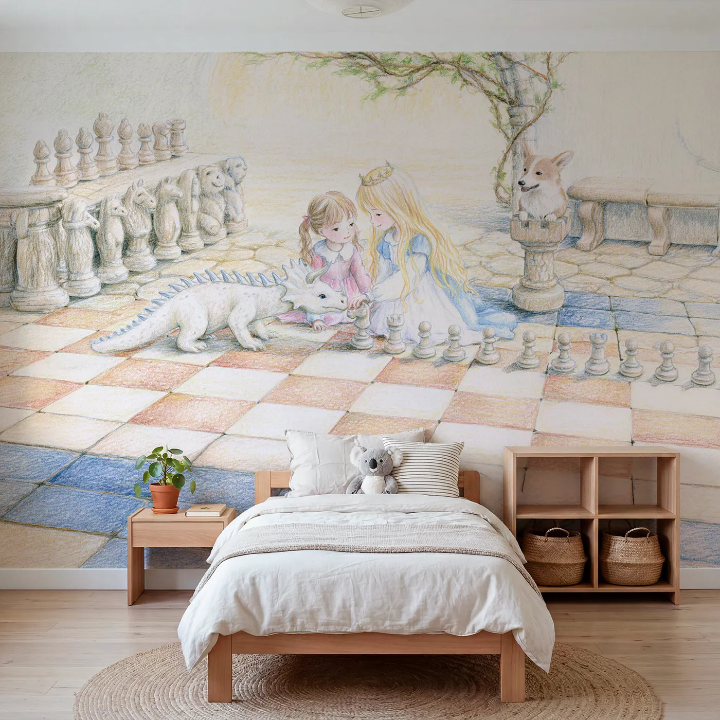 Colored Pencil princess and young dragon at giant chess, mural for a big-kid bedroom by Whimsy Tots