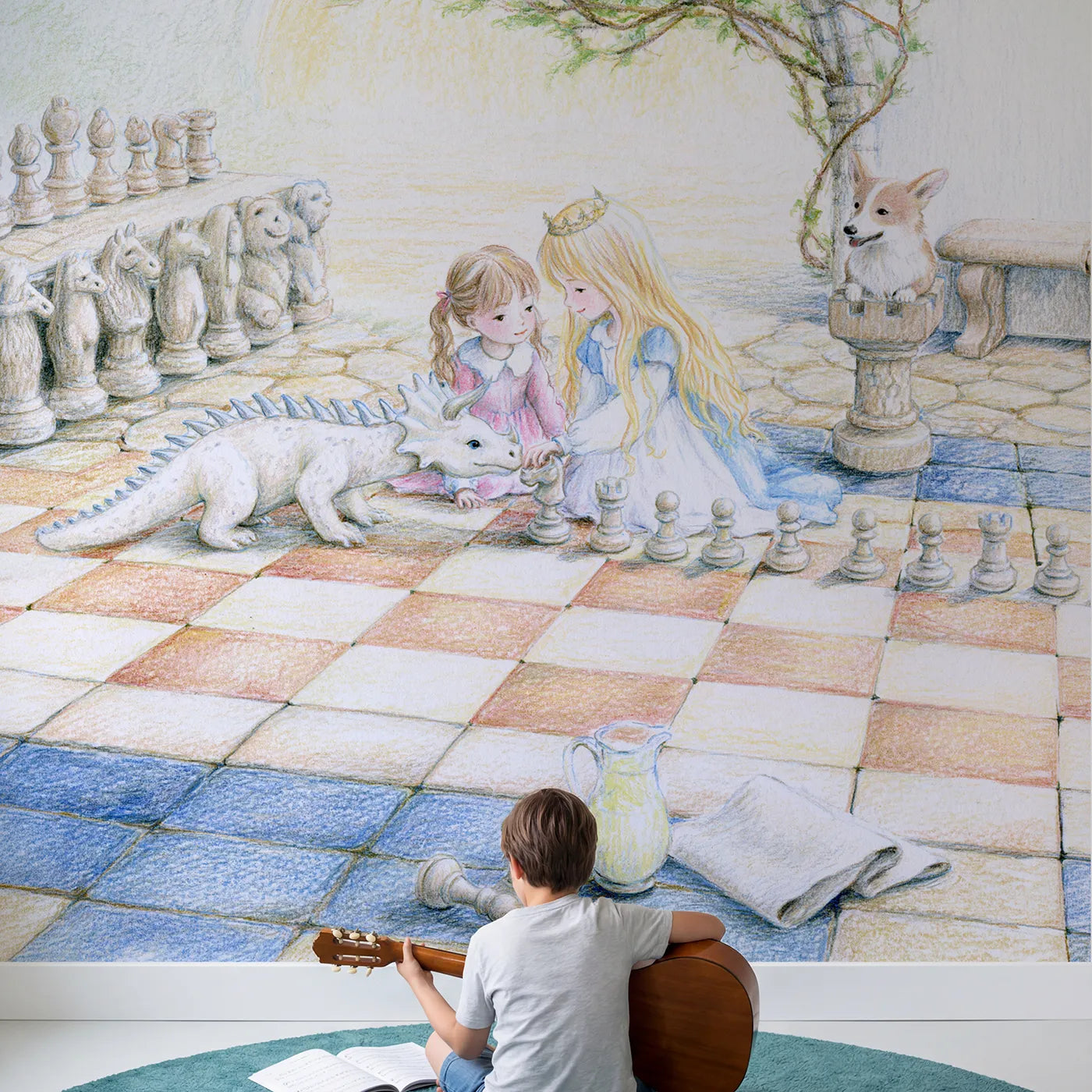 Child in nursery with Courtyard Chess Friends Wallpaper Mural by Whimsy Tots