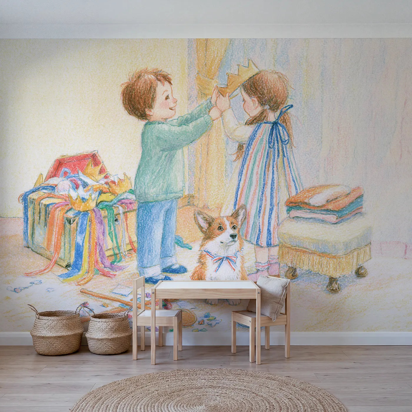 Colored Pencil children playing coronation with paper crowns, mural for a playroom by Whimsy Tots