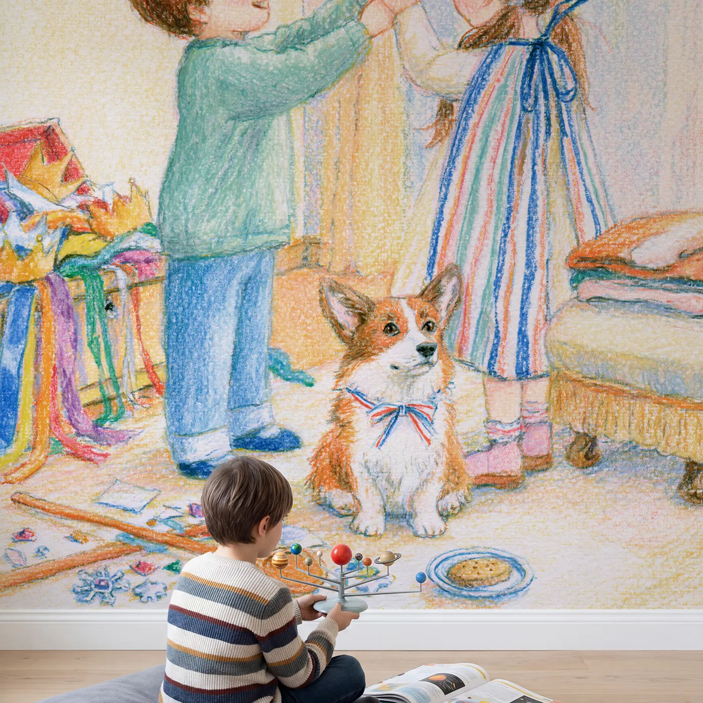 Child in nursery with Coronation Dress-Up Play Wallpaper Mural by Whimsy Tots