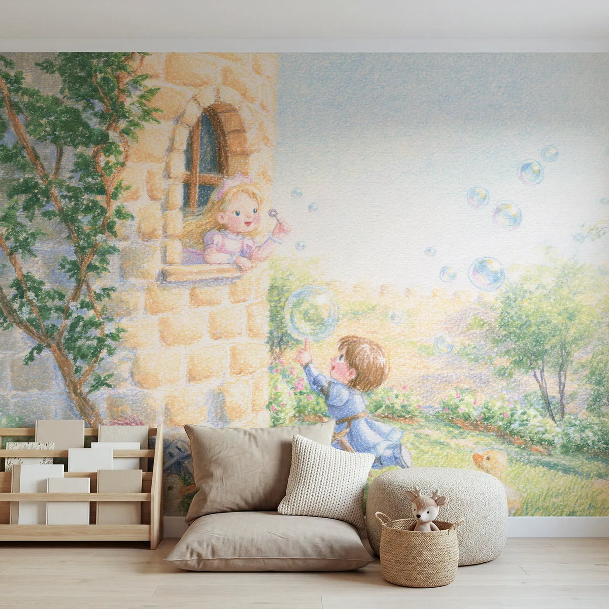 Colored Pencil princess blowing bubbles from a tower window, mural for a kids room by Whimsy Tots