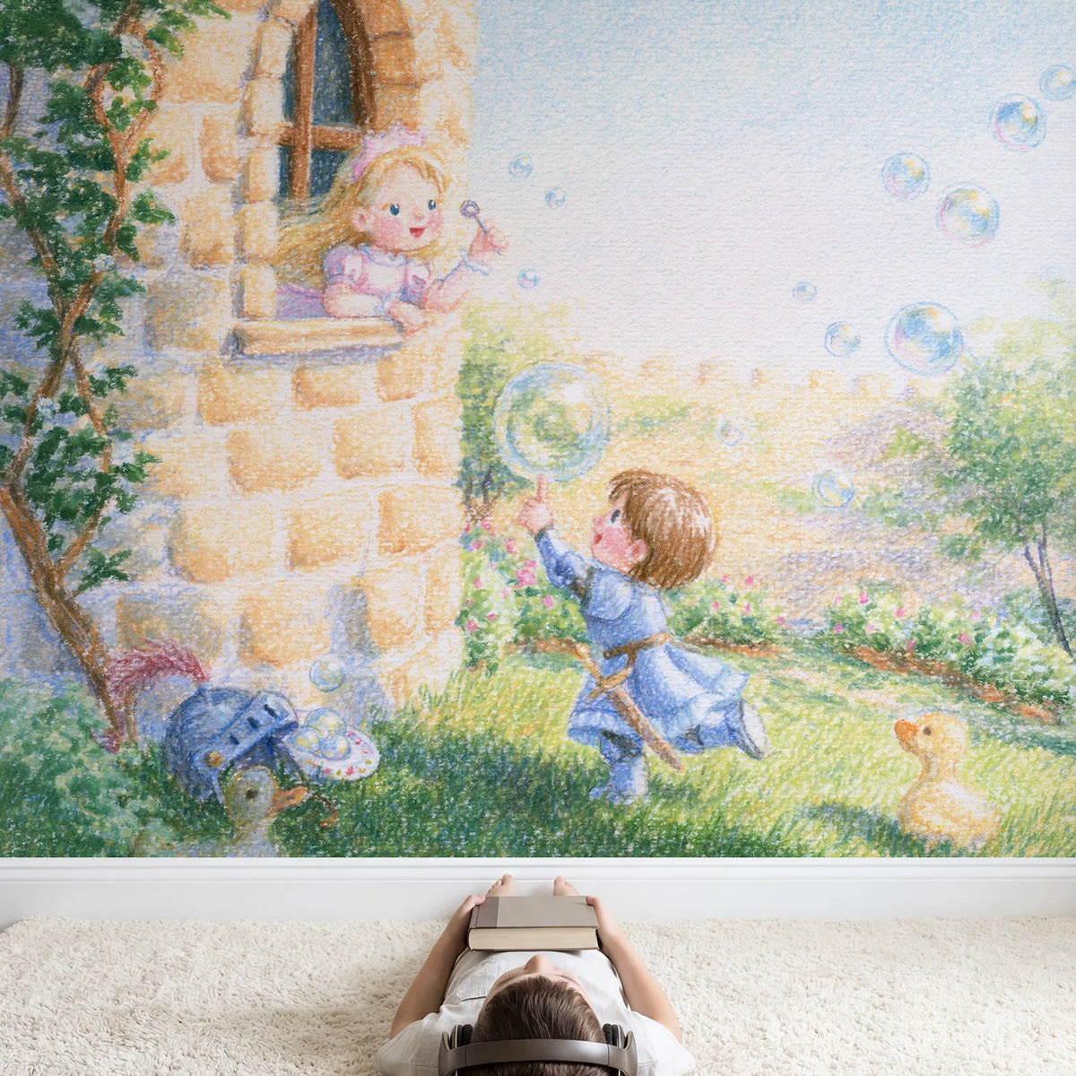 Child in nursery with Castle Bubble Play Wallpaper Mural by Whimsy Tots