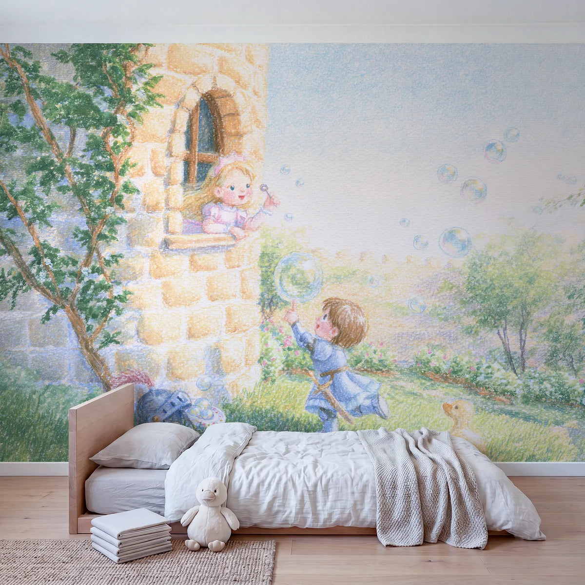 Castle Bubble Play Wallpaper Mural in playroom setting by Whimsy Tots