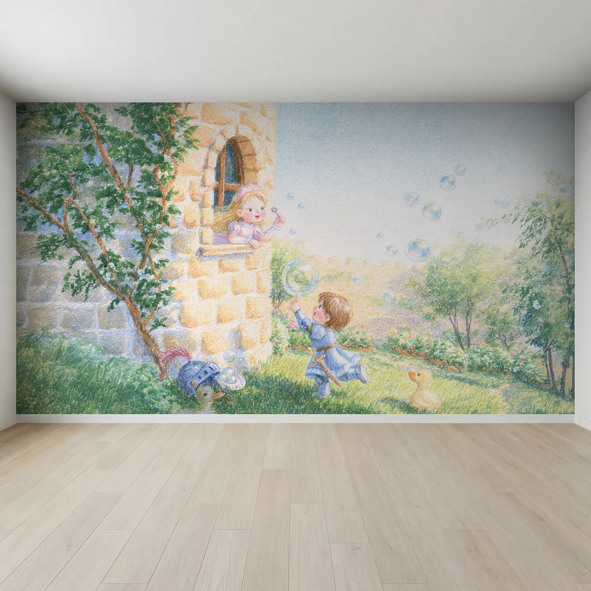 Full view of Castle Bubble Play Wallpaper Mural by Whimsy Tots
