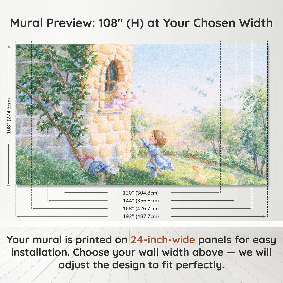 Panel layout and dimensions for Castle Bubble Play Wallpaper Mural by Whimsy Tots