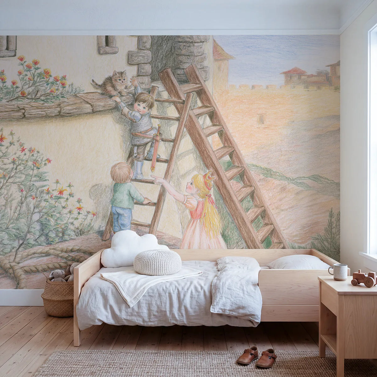 Colored Pencil knight rescuing a kitten from the tower ledge, mural for a bedroom by Whimsy Tots