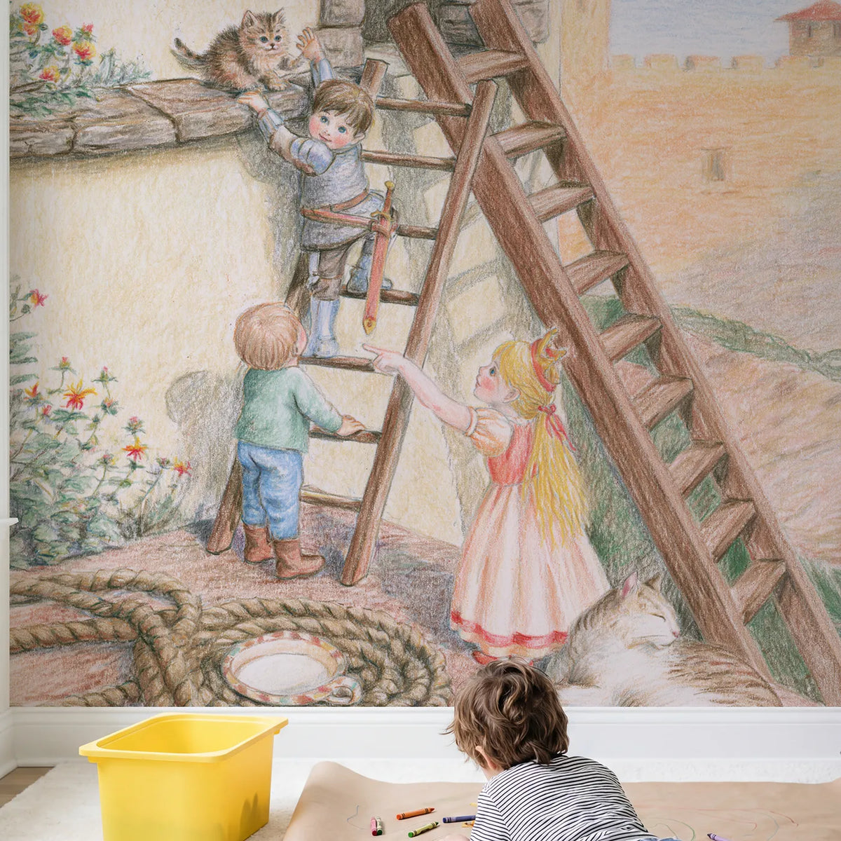 Child in nursery with Kitten Tower Rescue Wallpaper Mural by Whimsy Tots