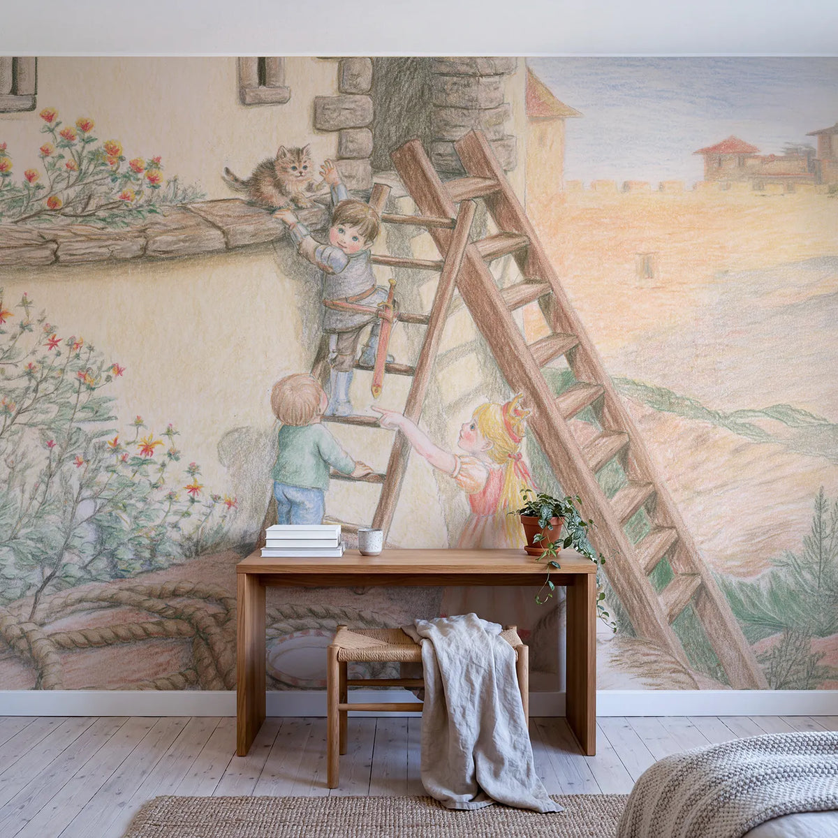Kitten Tower Rescue Wallpaper Mural in playroom setting by Whimsy Tots
