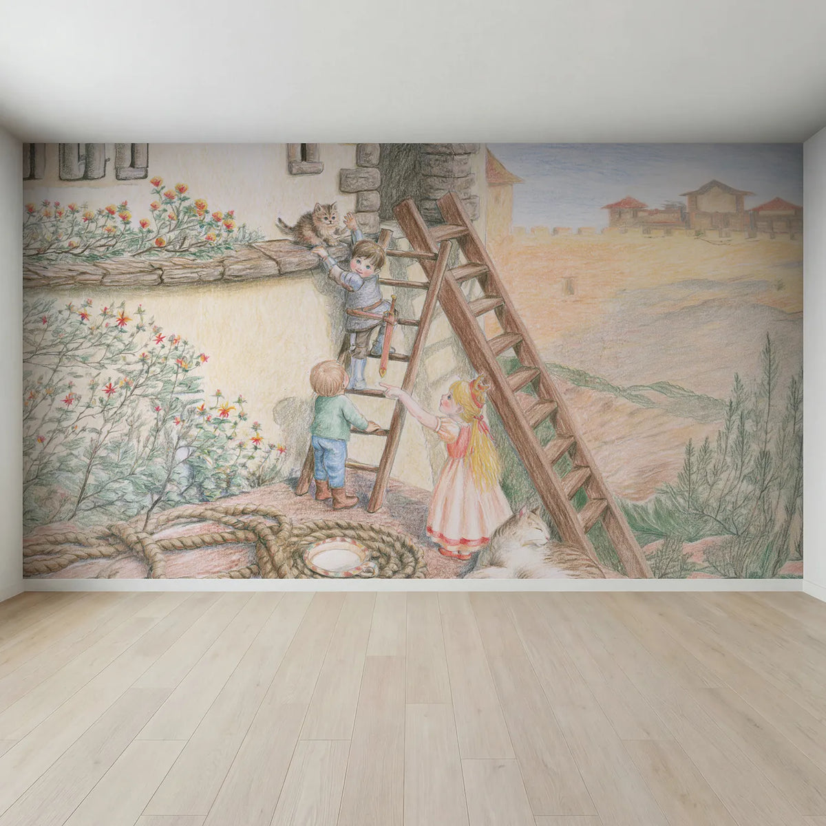 Full view of Kitten Tower Rescue Wallpaper Mural by Whimsy Tots