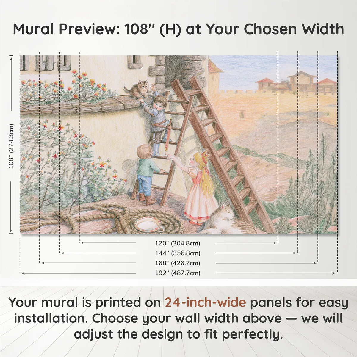 Panel layout and dimensions for Kitten Tower Rescue Wallpaper Mural by Whimsy Tots