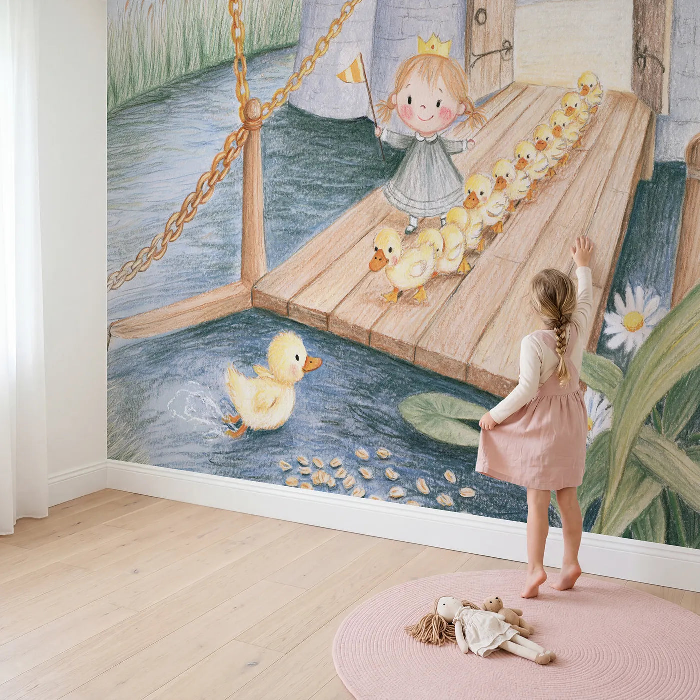 Child in nursery with Drawbridge Duckling March Wallpaper Mural by Whimsy Tots