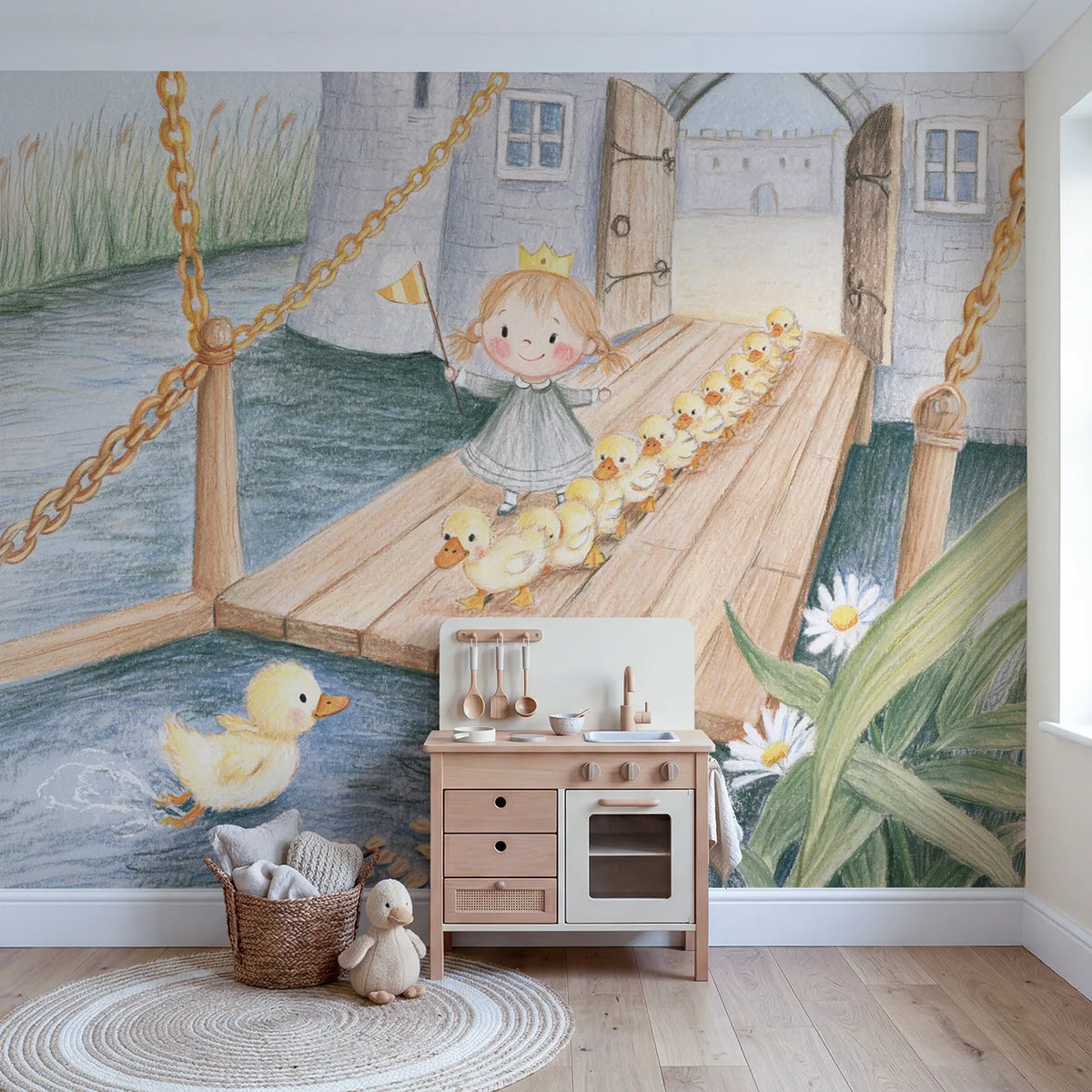 Drawbridge Duckling March Wallpaper Mural in playroom setting by Whimsy Tots