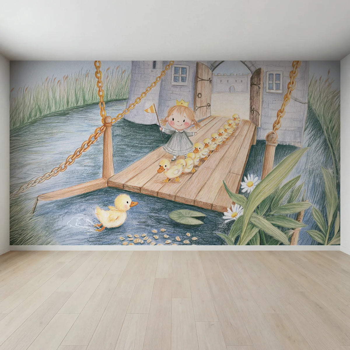 Full view of Drawbridge Duckling March Wallpaper Mural by Whimsy Tots