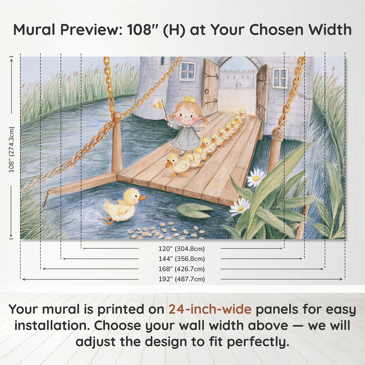 Panel layout and dimensions for Drawbridge Duckling March Wallpaper Mural by Whimsy Tots