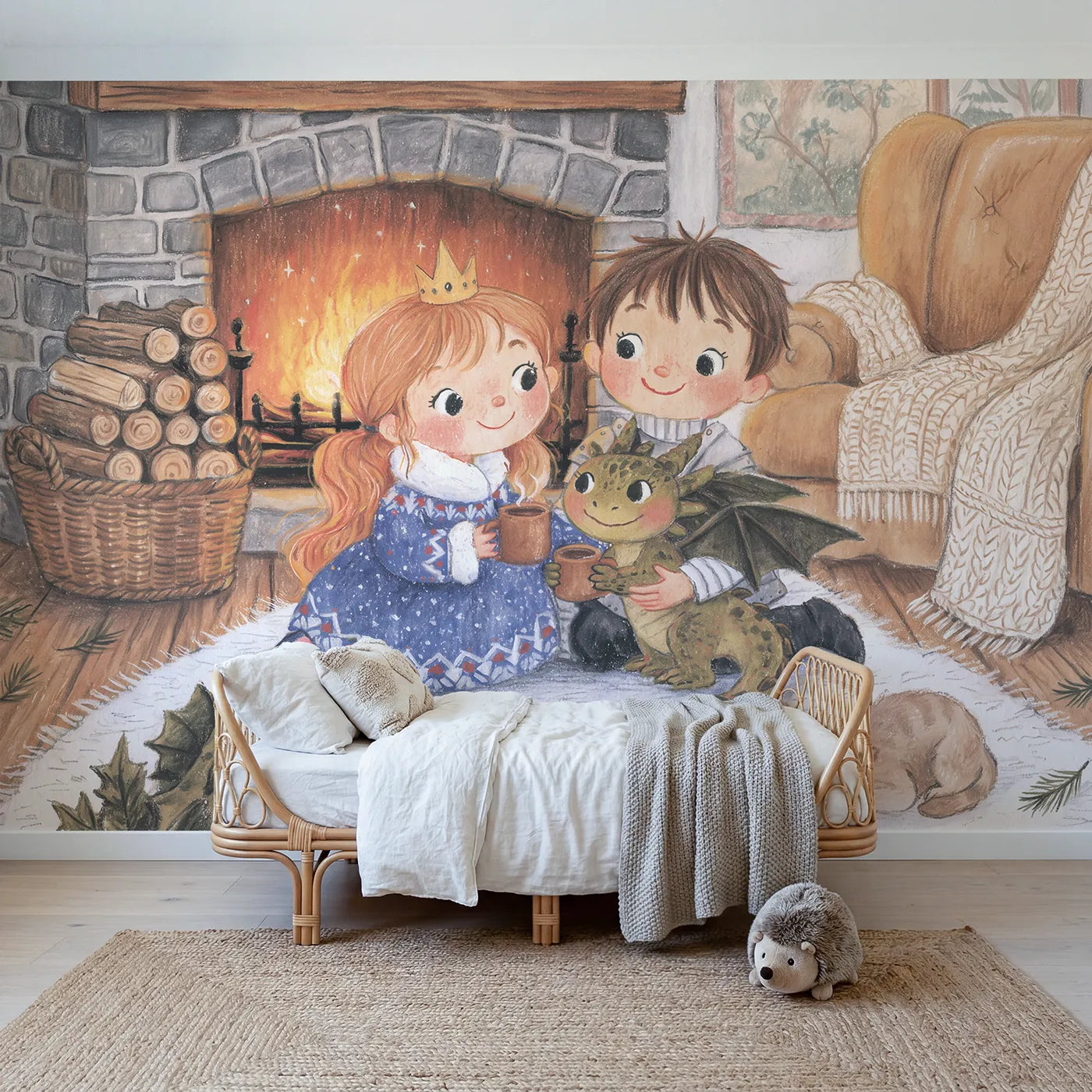 Colored Pencil cocoa by the great castle hearth, mural for a toddler room by Whimsy Tots