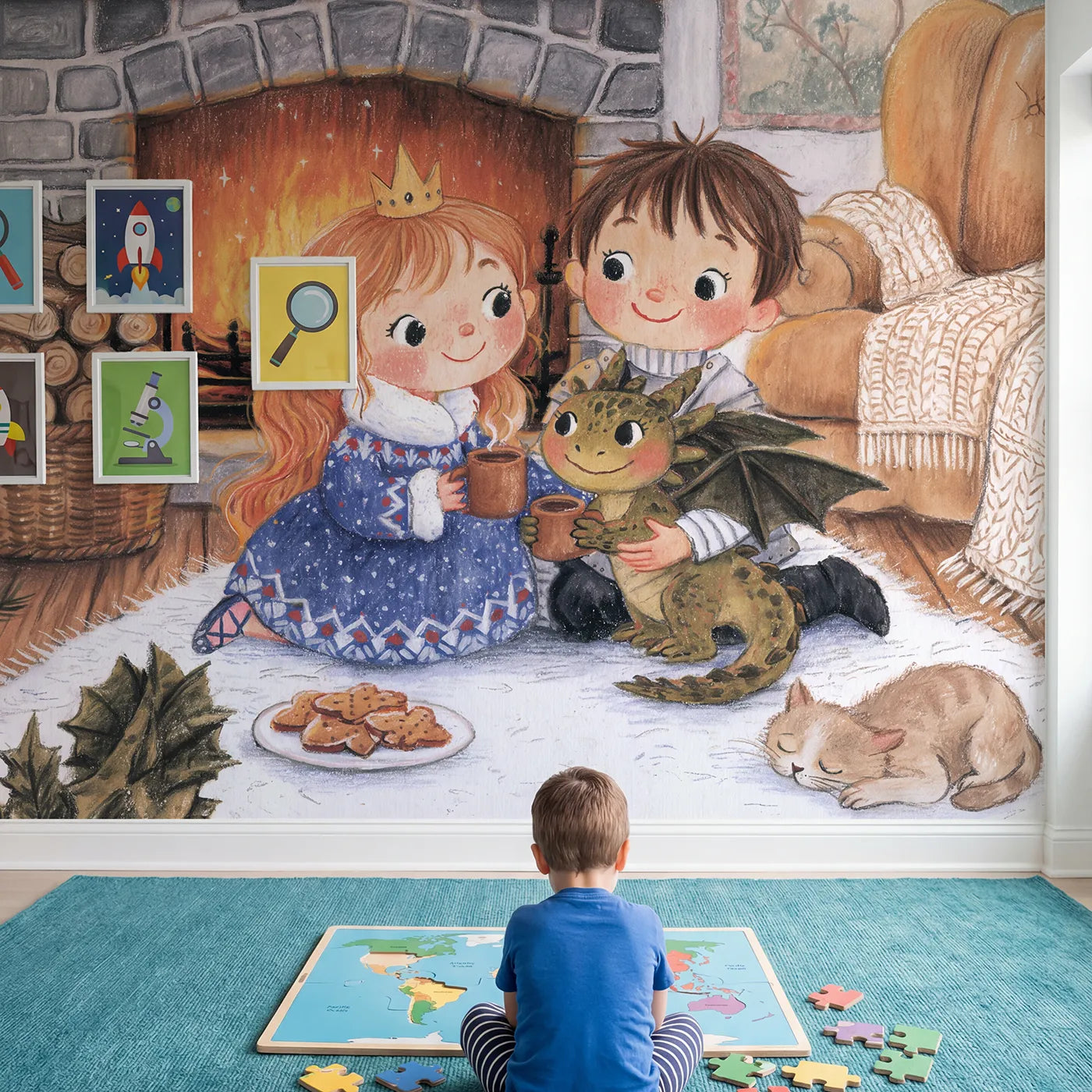 Child in nursery with Castle Hearth Cocoa Wallpaper Mural by Whimsy Tots