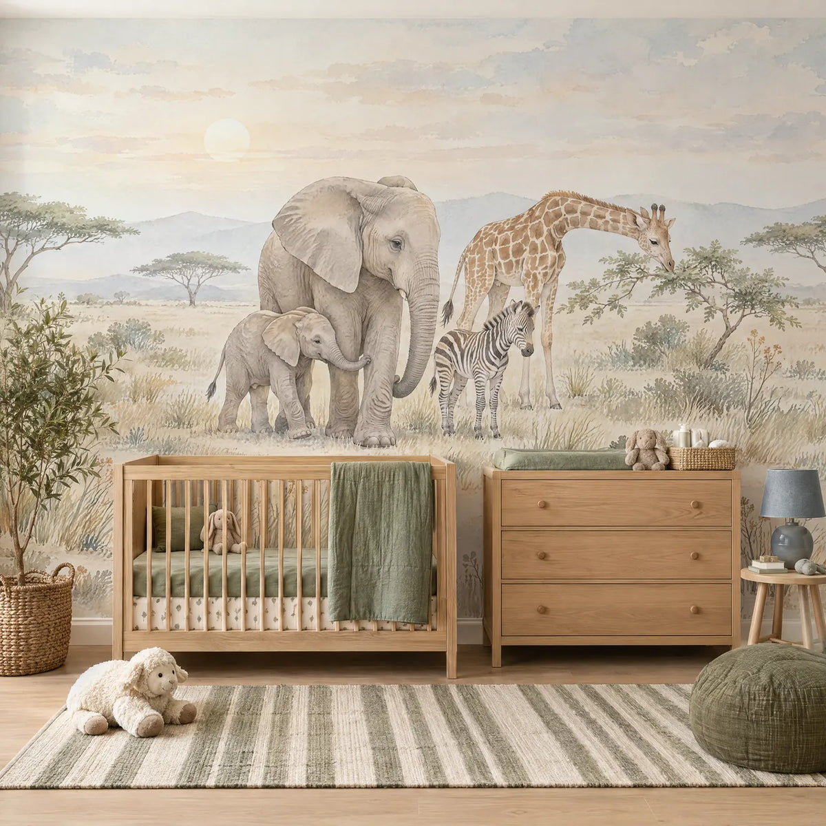 Watercolor wall mural of a baby elephant beside its mother at sunrise, in a styled room, by Whimsy Tots