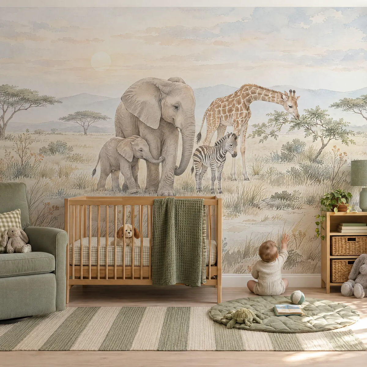 Watercolor wall mural of a baby elephant beside its mother at sunrise, in a lifestyle room, by Whimsy Tots