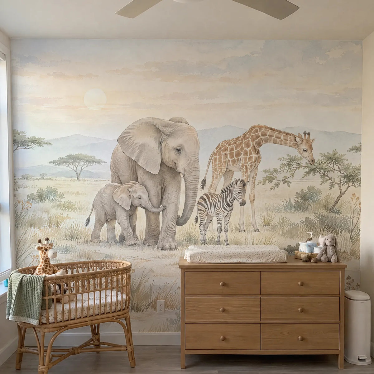 Watercolor wall mural of a baby elephant beside its mother at sunrise, in a room photo, by Whimsy Tots