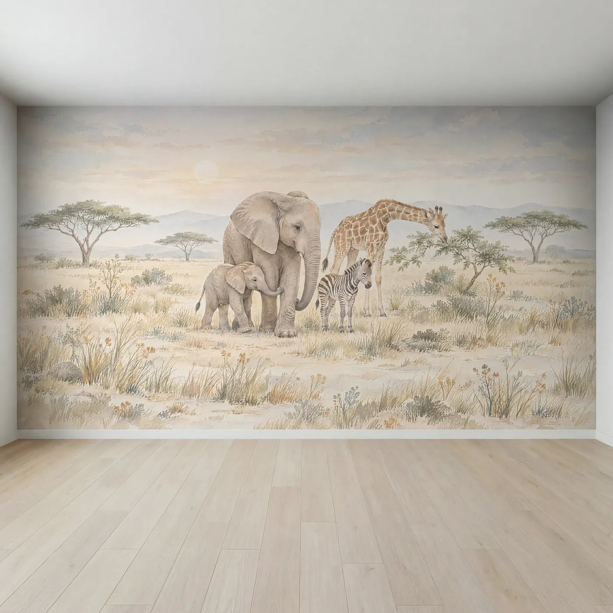 Watercolor wall mural of a baby elephant beside its mother at sunrise, full mural design, by Whimsy Tots