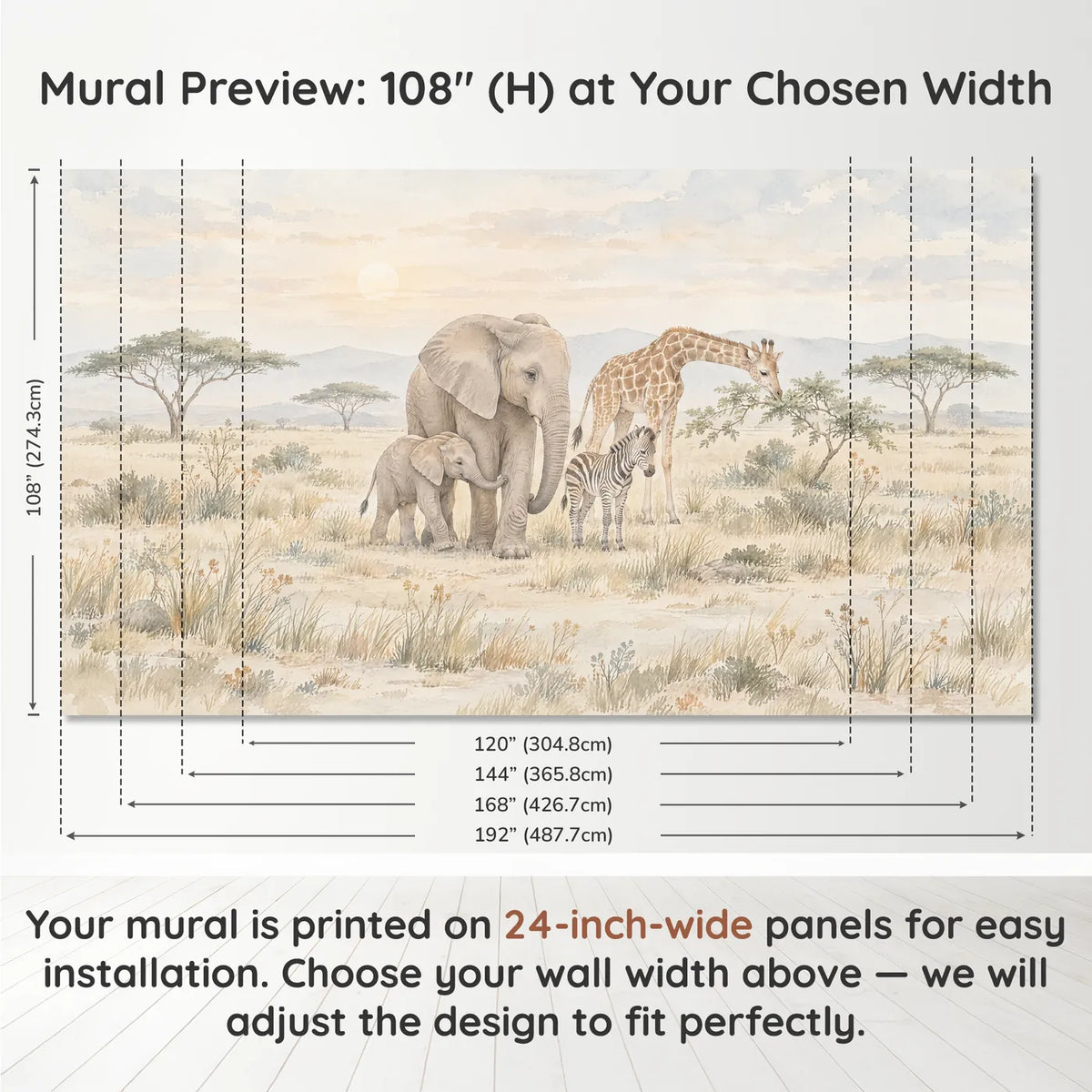 Watercolor wall mural of a baby elephant beside its mother at sunrise, panel layout and size, by Whimsy Tots