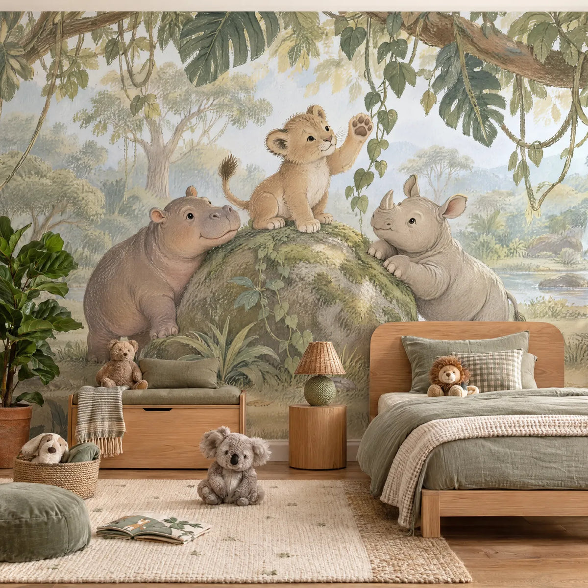 Gouache wall mural of a lion cub on a mossy boulder with a hippo and rhino, in a styled room, by Whimsy Tots