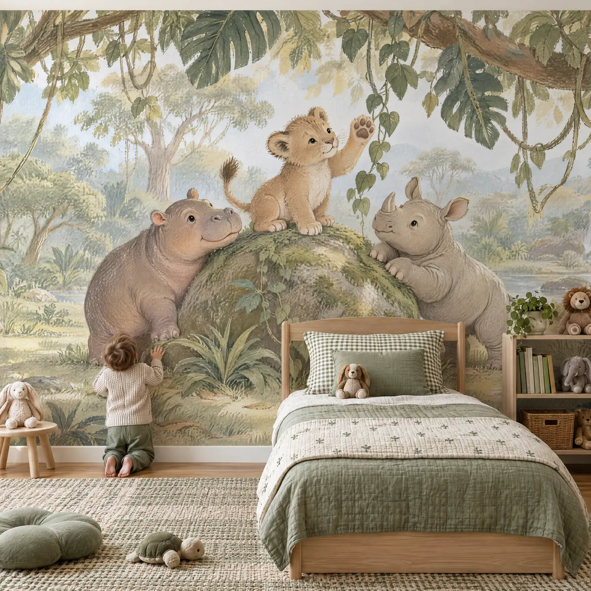 Gouache wall mural of a lion cub on a mossy boulder with a hippo and rhino, in a lifestyle room, by Whimsy Tots