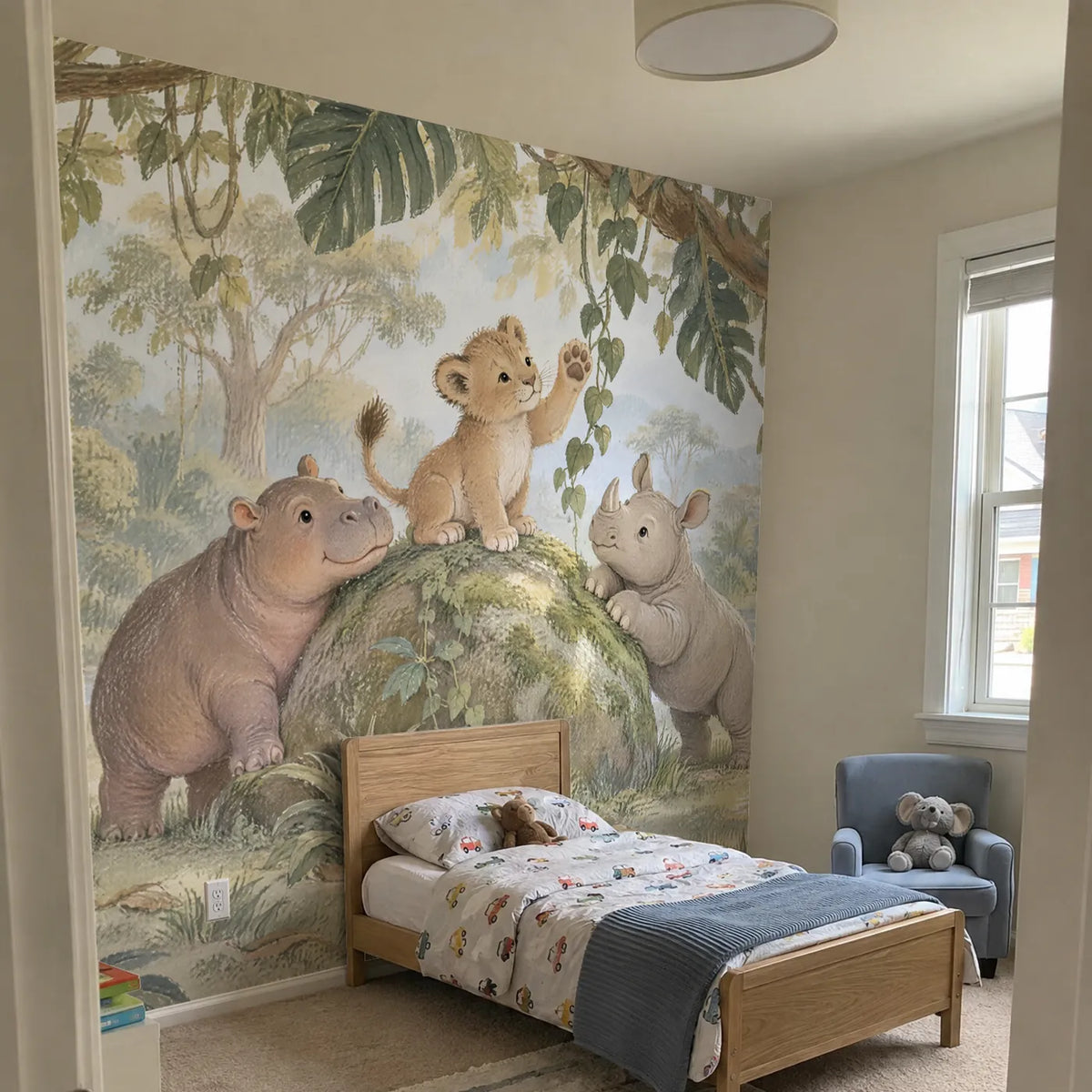 Gouache wall mural of a lion cub on a mossy boulder with a hippo and rhino, in a room photo, by Whimsy Tots