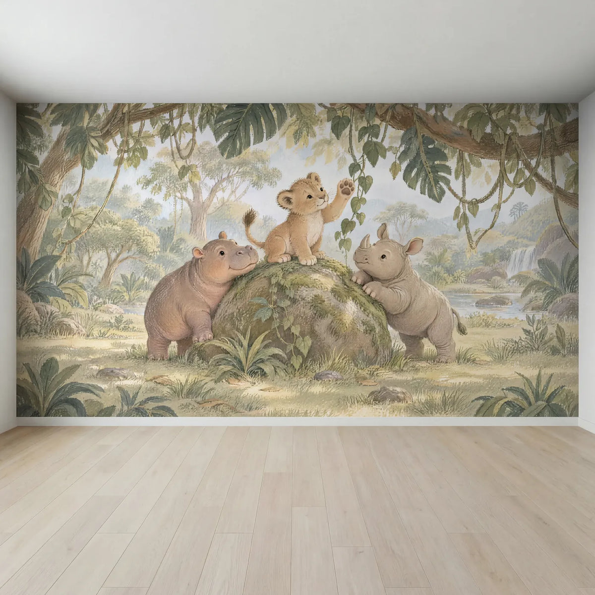 Gouache wall mural of a lion cub on a mossy boulder with a hippo and rhino, full mural design, by Whimsy Tots