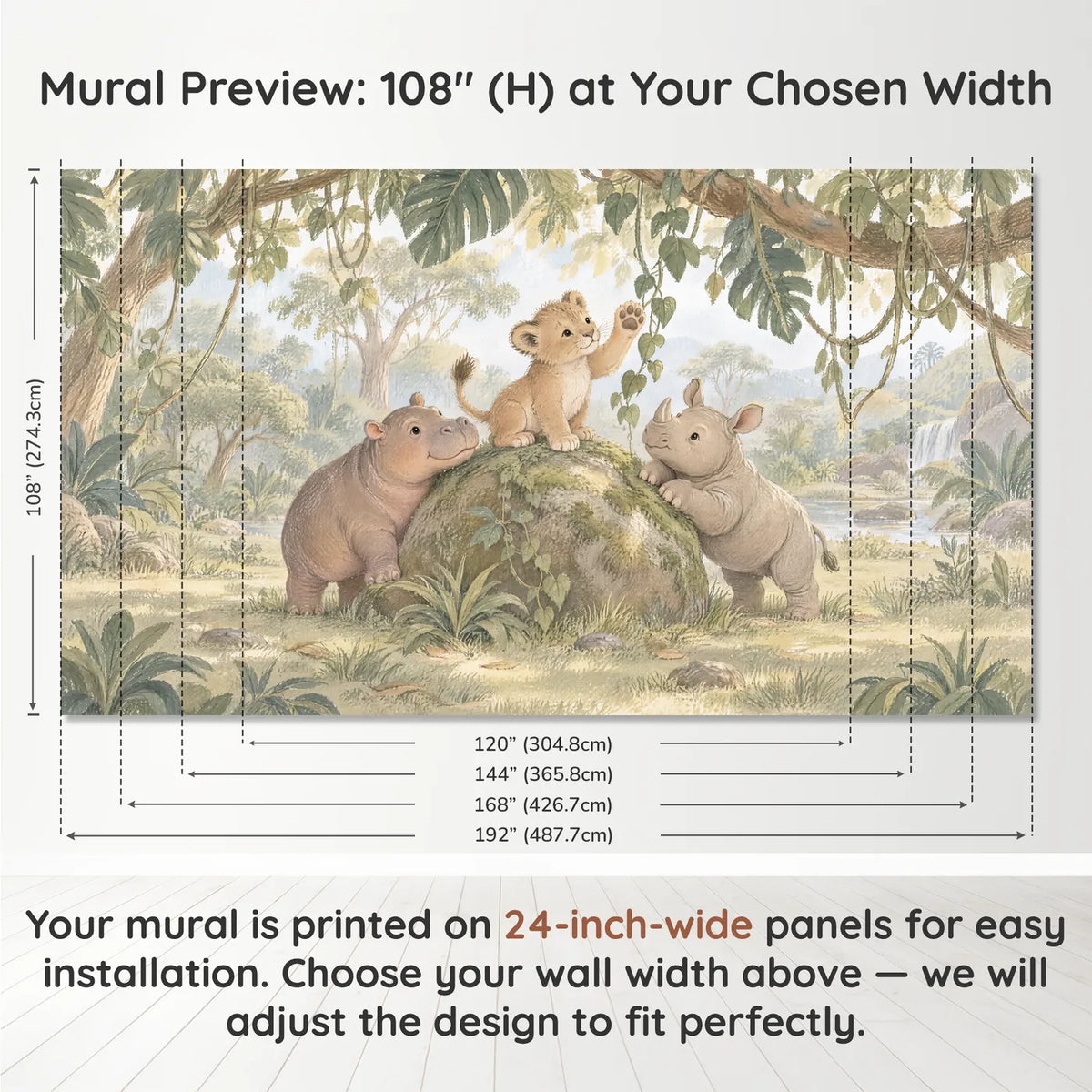 Gouache wall mural of a lion cub on a mossy boulder with a hippo and rhino, panel layout and size, by Whimsy Tots