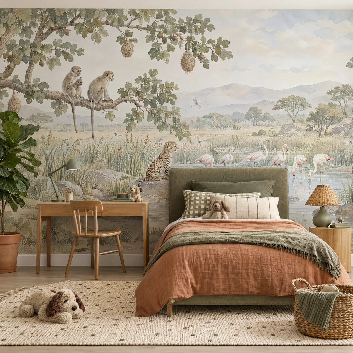 Watercolor wall mural of monkeys and a cheetah cub watching flamingos, in a styled room, by Whimsy Tots