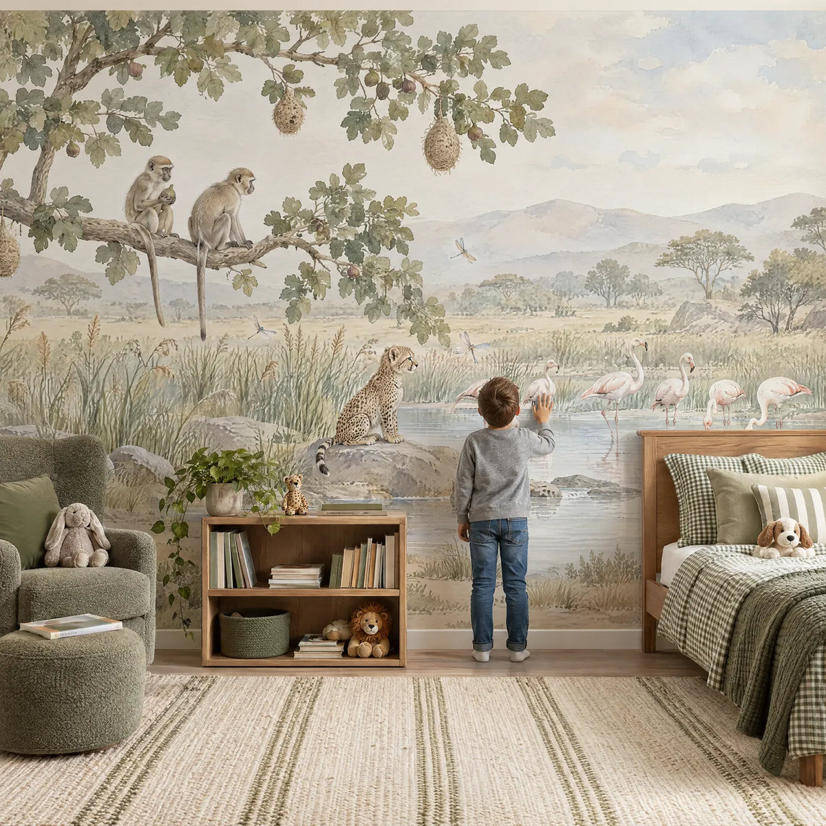 Watercolor wall mural of monkeys and a cheetah cub watching flamingos, in a lifestyle room, by Whimsy Tots