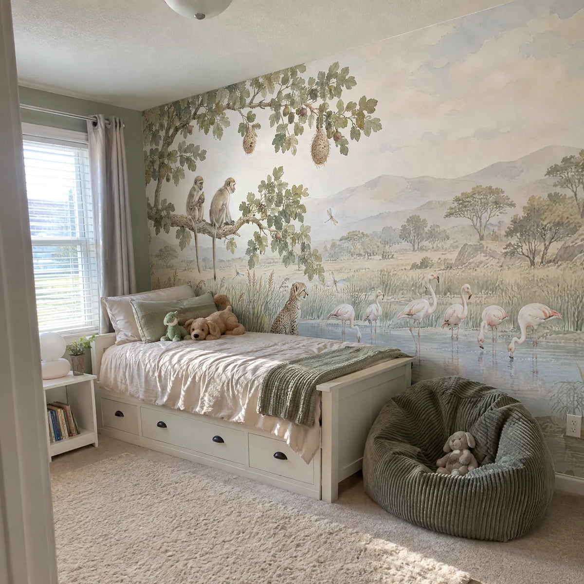 Watercolor wall mural of monkeys and a cheetah cub watching flamingos, in a room photo, by Whimsy Tots