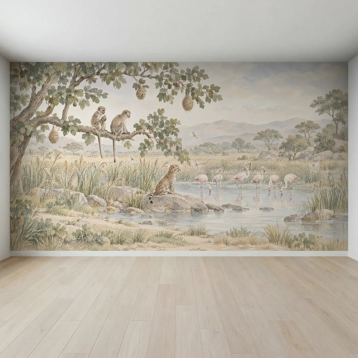 Watercolor wall mural of monkeys and a cheetah cub watching flamingos, full mural design, by Whimsy Tots