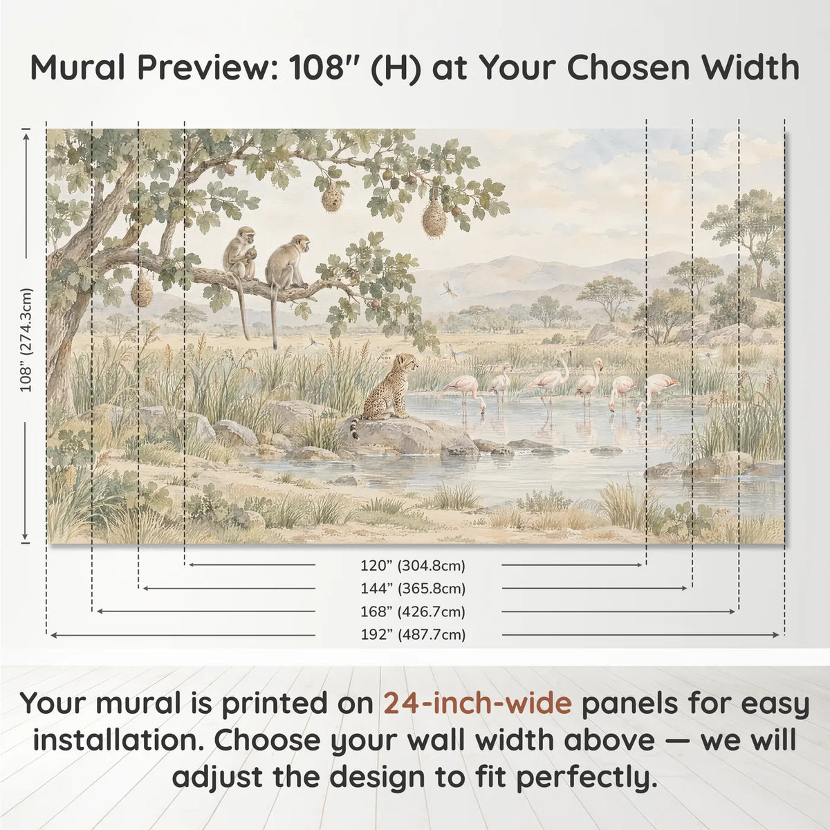 Watercolor wall mural of monkeys and a cheetah cub watching flamingos, panel layout and size, by Whimsy Tots