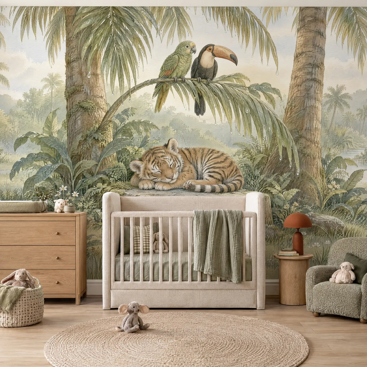 Storybook wall mural of a sleeping tiger cub with a parrot and toucan, in a styled room, by Whimsy Tots