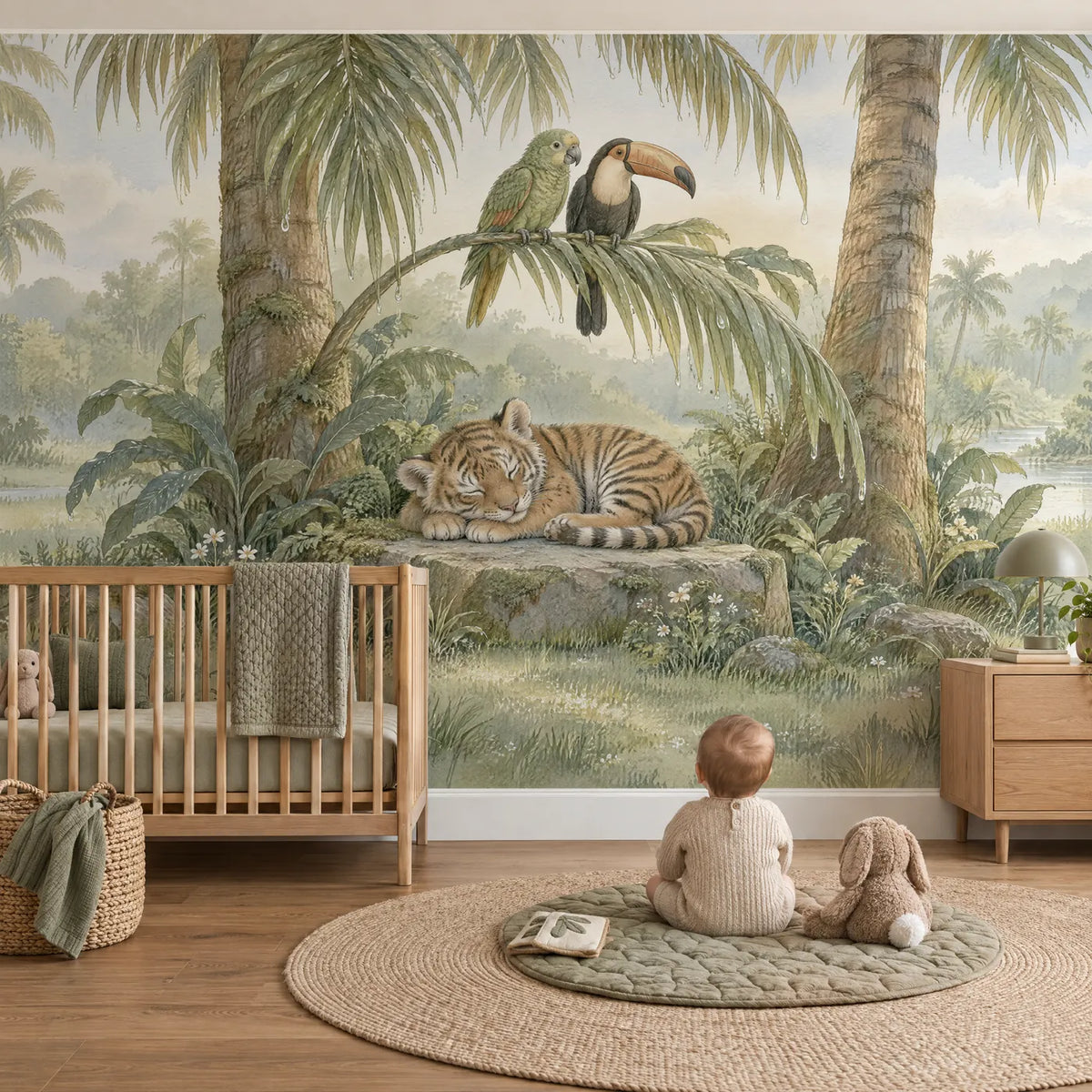 Storybook wall mural of a sleeping tiger cub with a parrot and toucan, in a lifestyle room, by Whimsy Tots