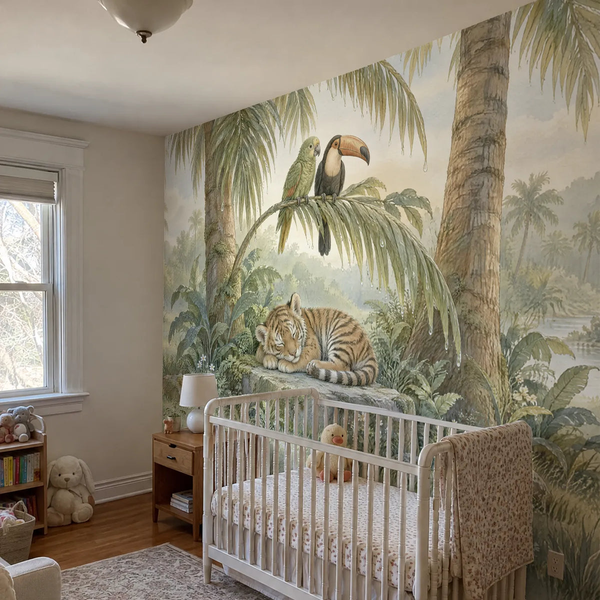 Storybook wall mural of a sleeping tiger cub with a parrot and toucan, in a room photo, by Whimsy Tots