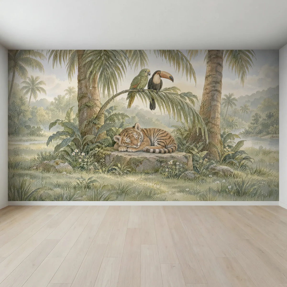 Storybook wall mural of a sleeping tiger cub with a parrot and toucan, full mural design, by Whimsy Tots