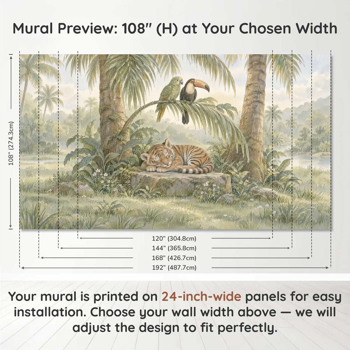 Storybook wall mural of a sleeping tiger cub with a parrot and toucan, panel layout and size, by Whimsy Tots