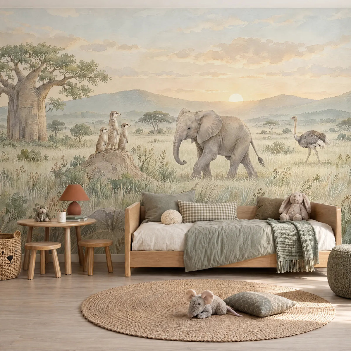 Watercolor wall mural of three meerkats watching a young elephant at sunset, in a styled room, by Whimsy Tots