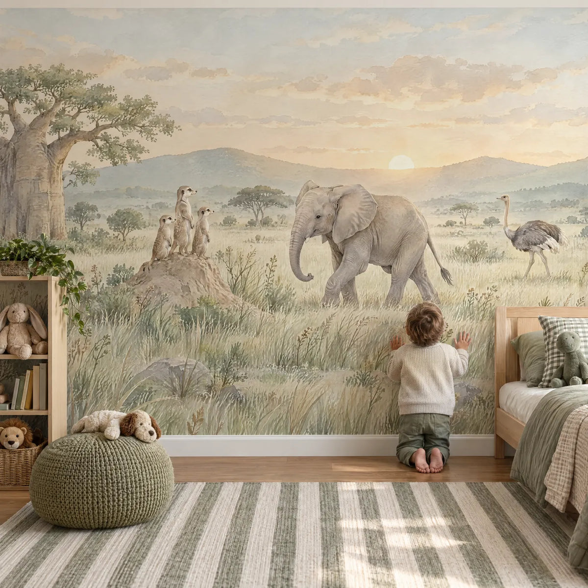 Watercolor wall mural of three meerkats watching a young elephant at sunset, in a lifestyle room, by Whimsy Tots