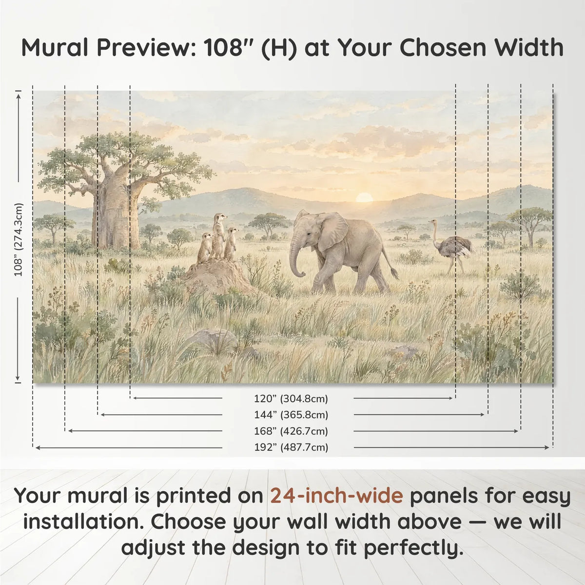 Watercolor wall mural of three meerkats watching a young elephant at sunset, panel layout and size, by Whimsy Tots