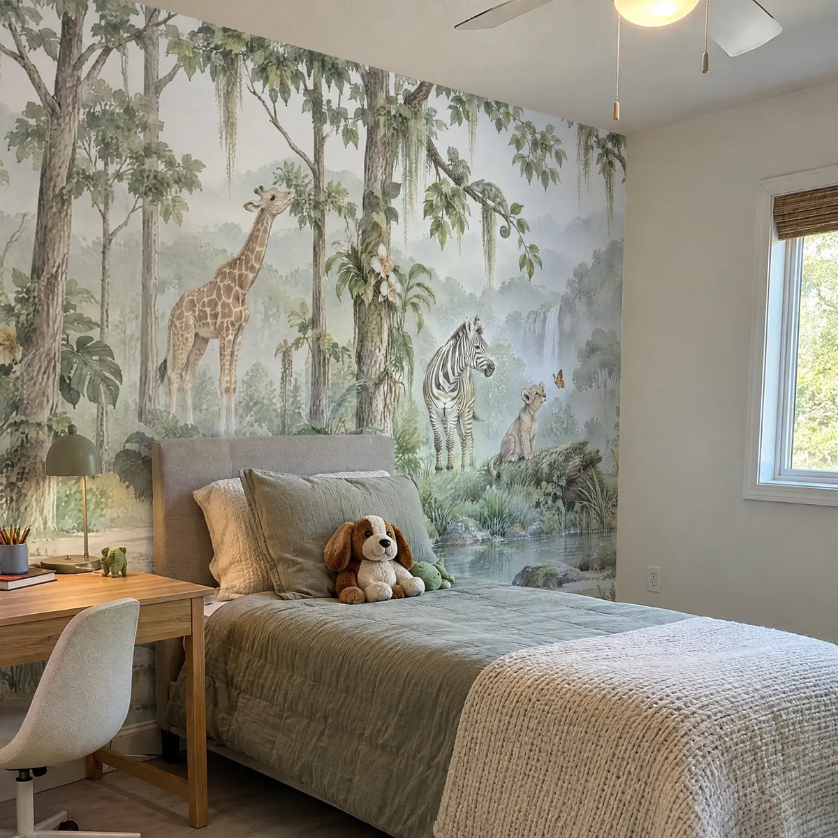 Watercolor wall mural of a giraffe, zebra and lion cub in a misty clearing, in a room photo, by Whimsy Tots
